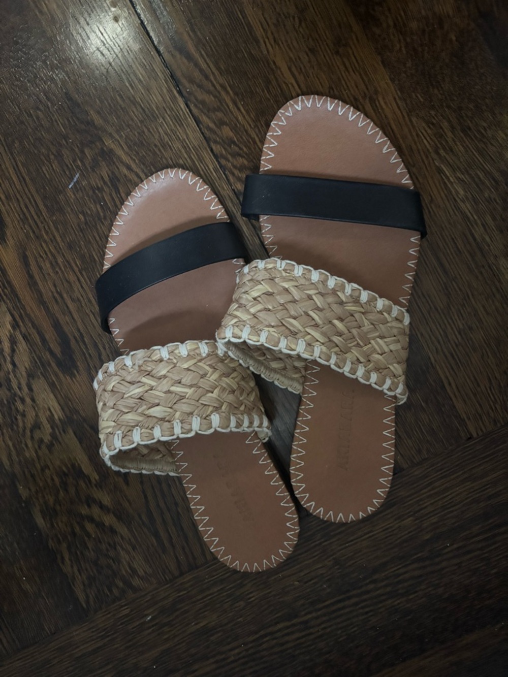Woven Two-Band Slide Sandals - Black and Natural